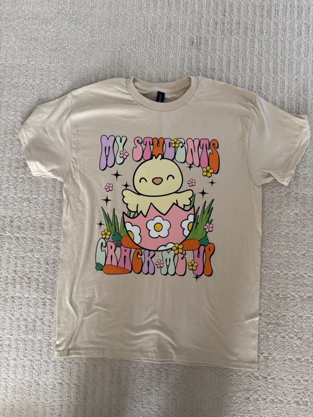 Graphic Chick Egg Tee in Beige with Pastel Print